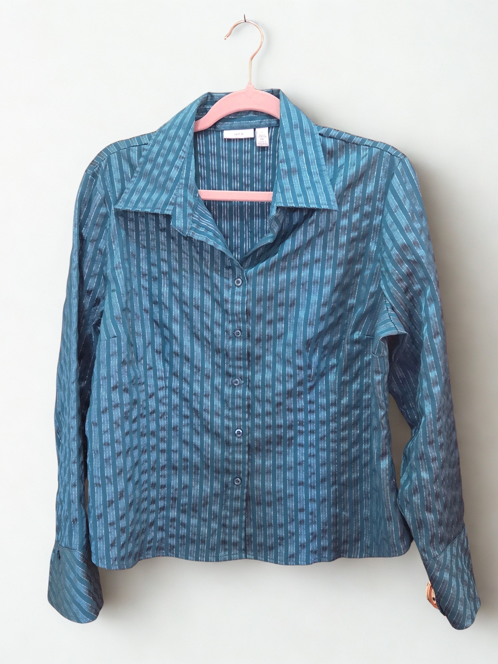Petite XL Silver Striped Teal  Button-Up Shirt